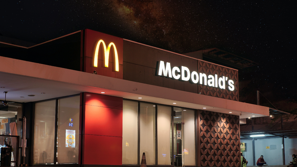A McDonald's restaurant illuminated in the dark
